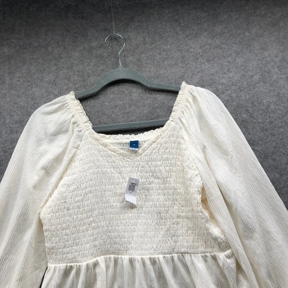 NWT Old Navy Smocked Peplum Top Womens Medium Sea Salt White Long Sleeve Stretch